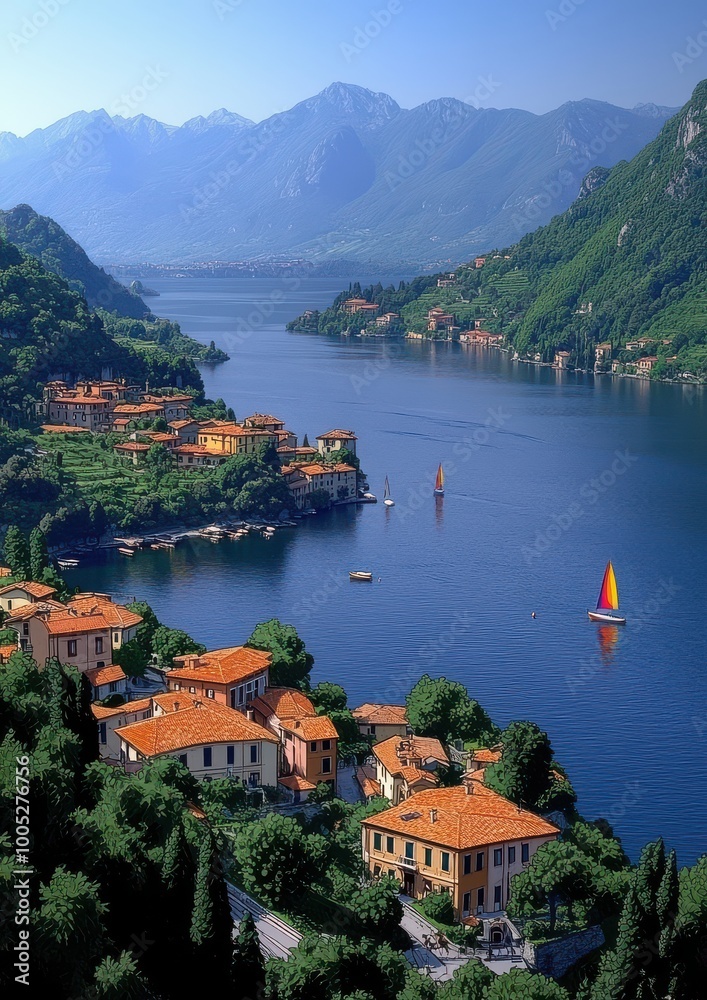 Stunning Aerial View of Picturesque Lake Como, Italy with Colorful Sailboats, Serene Waters, and Charming Lakeside Villages Stunning Aerial View of Picturesque Lake Como, Italy with Colorful Sailboats, Serene Waters, and Charming Lakeside Villages