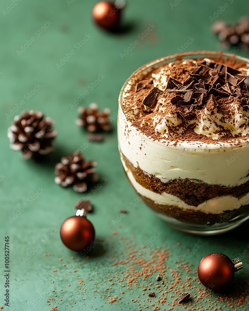 Close-up of tiramisu with cocoa powder and chocolate shavings, set against a green background, holiday ornaments scattered, room for copy space. Close-up of tiramisu with cocoa powder and chocolate shavings, set against a green background, holiday ornaments scattered, room for copy space.