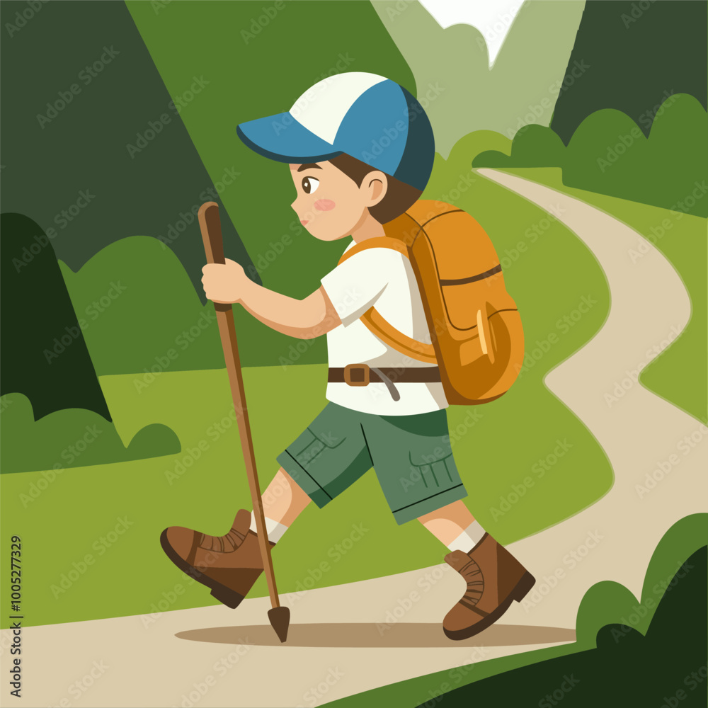 Boy hiking with backpack and walking stick on a trail. Boy hiking with backpack and walking stick on a trail.