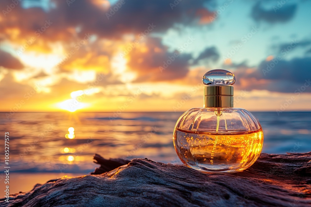 A golden transparent perfume bottle with drops on a log. Close-up. In the background, the ocean and cloudy sunset sky. Bottom view. Concept of International Fragrance Day. with generative ai