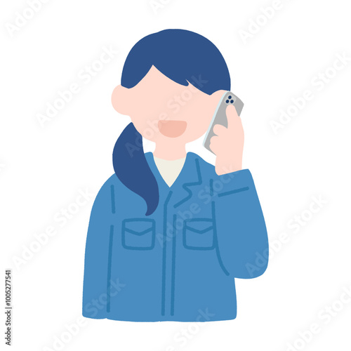 スマートフォンで通話をしている作業服の女性のフラットなイラスト
