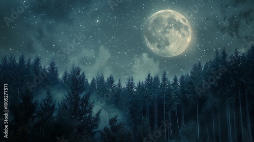 Night scene showcasing a dense forest bathed in moonlight, with a full moon shining brightly in the night sky.