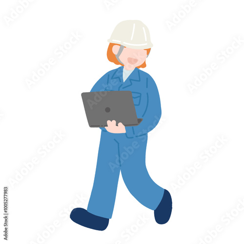 ノートパソコンを持ちながら横を覗くヘルメットをかぶった作業服の女性のフラットなイラスト
