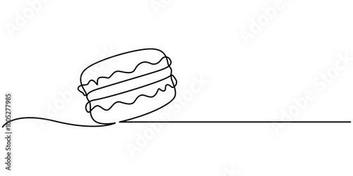 Continuous one line drawing of colorful French macaroons isolated on white background, cookie drawing by one continuous line, vector, Macaroons cookies one continuous line art drawing vector