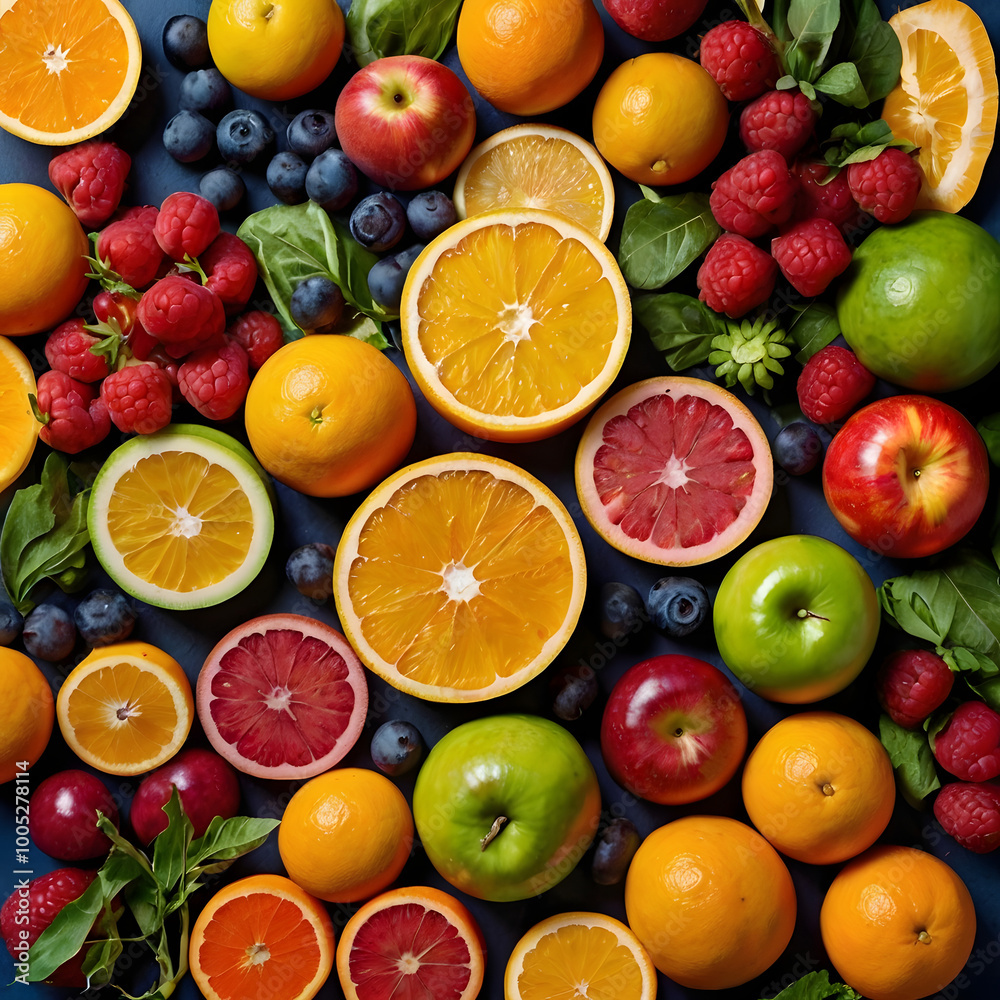 Top-Down View of Colorful Fruits and Vegetables Top-Down View of Colorful Fruits and Vegetables