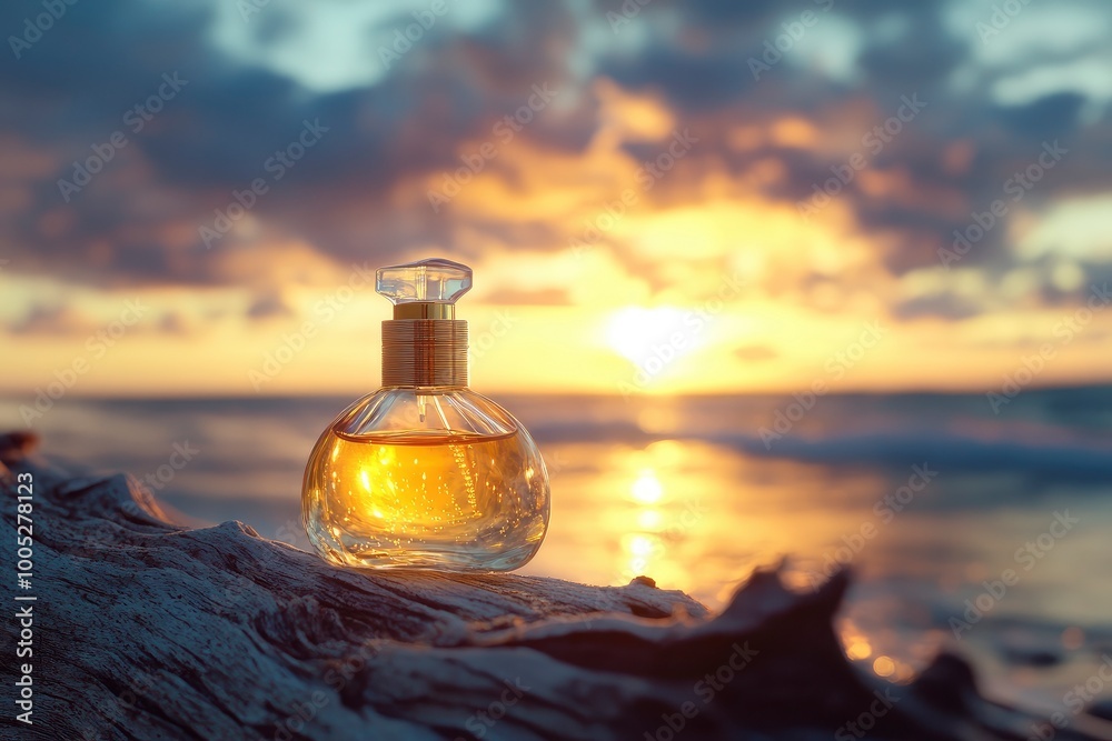 A golden transparent perfume bottle with drops on a log. Close-up. In the background, the ocean and cloudy sunset sky. Bottom view. Concept of International Fragrance Day. with generative ai A golden transparent perfume bottle with drops on a log. Close-up. In the background, the ocean and cloudy sunset sky. Bottom view. Concept of International Fragrance Day. with generative ai