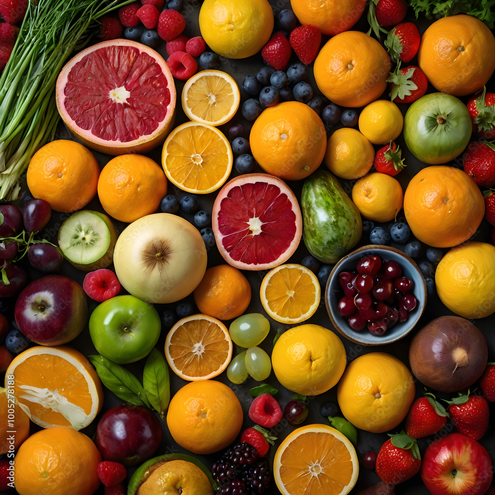 Top-Down View of Colorful Fruits and Vegetables Top-Down View of Colorful Fruits and Vegetables