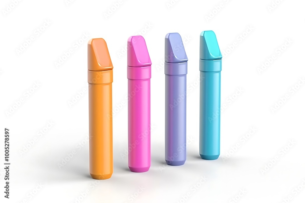 Four colorful spray bottles arranged in a row. Four colorful spray bottles arranged in a row.