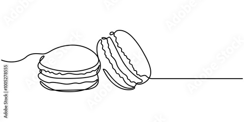 Continuous one line drawing of colorful French macaroons isolated on white background, cookie drawing by one continuous line, vector, Macaroons cookies one continuous line art drawing vector