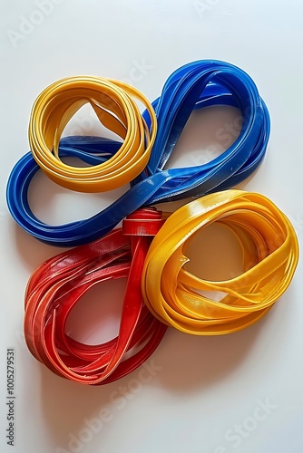 A collection of colored rubber bands arranged in a circular pattern.