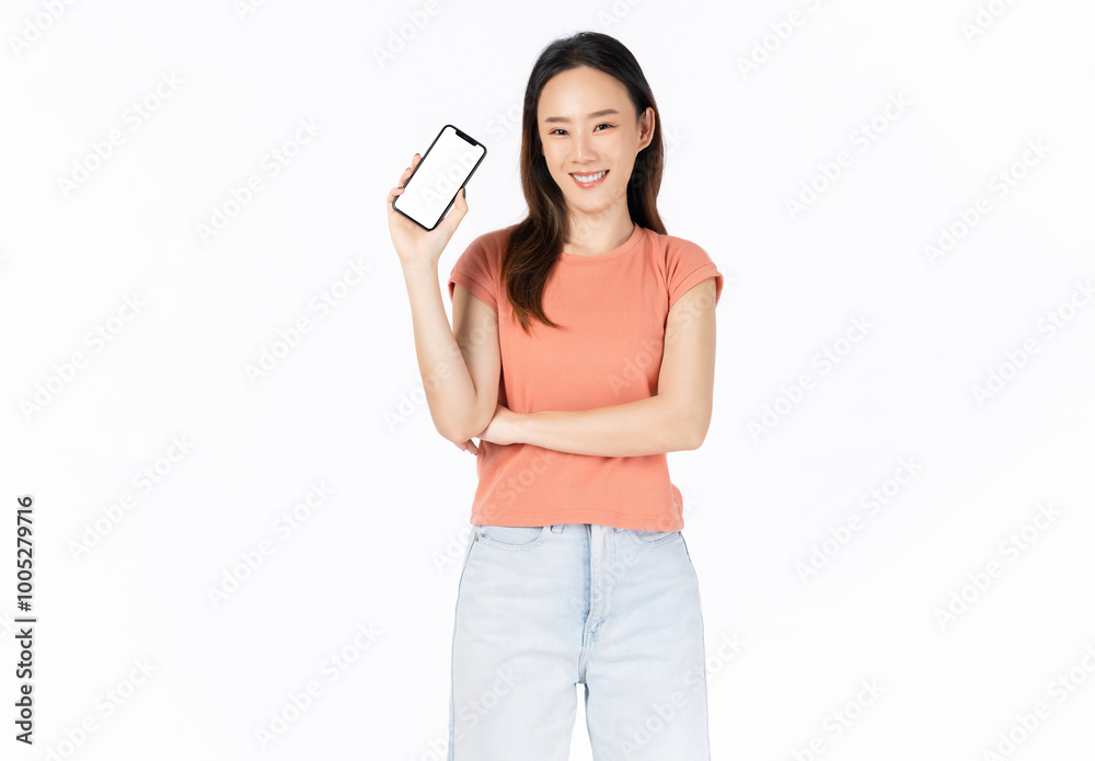 Beautiful Asian woman holding smartphone mockup of blank screen and smiling on white background. Beautiful Asian woman holding smartphone mockup of blank screen and smiling on white background.
