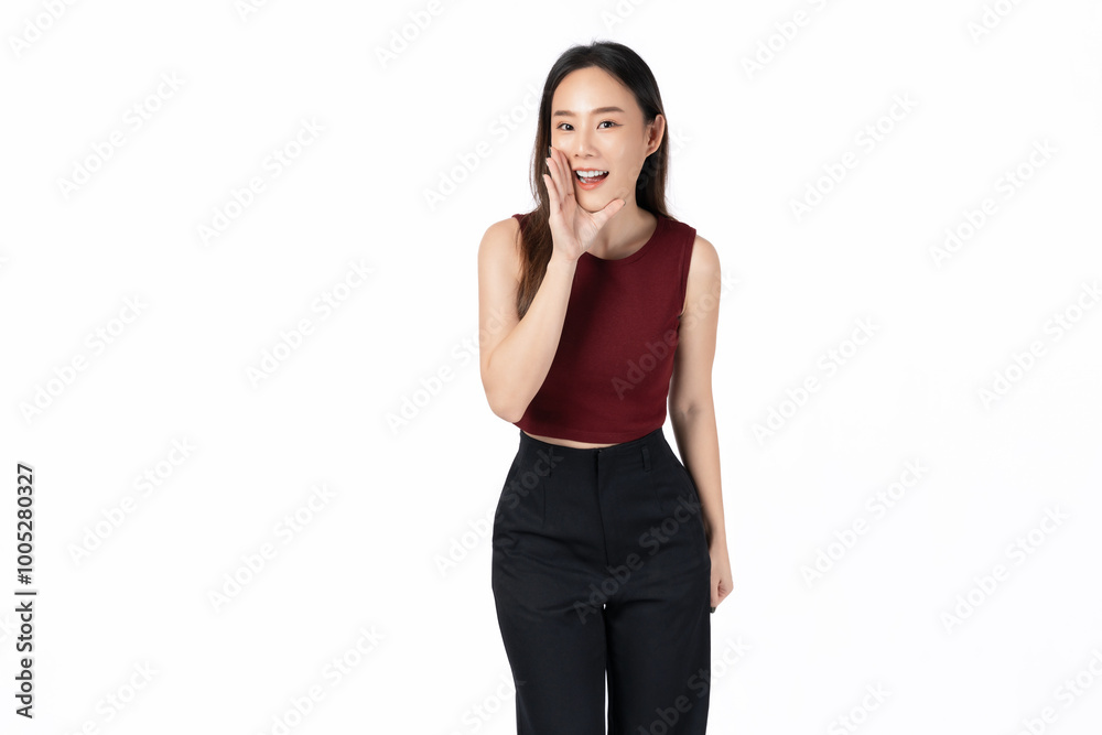 Young asian woman shouting and hands over mouth on white background studio. Young asian woman shouting and hands over mouth on white background studio.