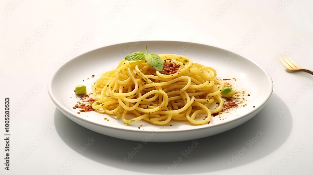 A plate of spaghetti garnished with herbs and spices.