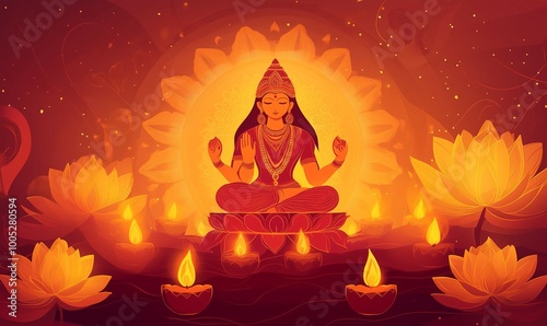 Design a Diwali banner template centered around a beautifully illustrated Lakshmi idol, surrounded by diyas and lotus flowers, in a warm, inviting color scheme