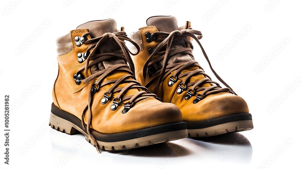 A pair of rugged hiking boots designed for outdoor adventures. A pair of rugged hiking boots designed for outdoor adventures.
