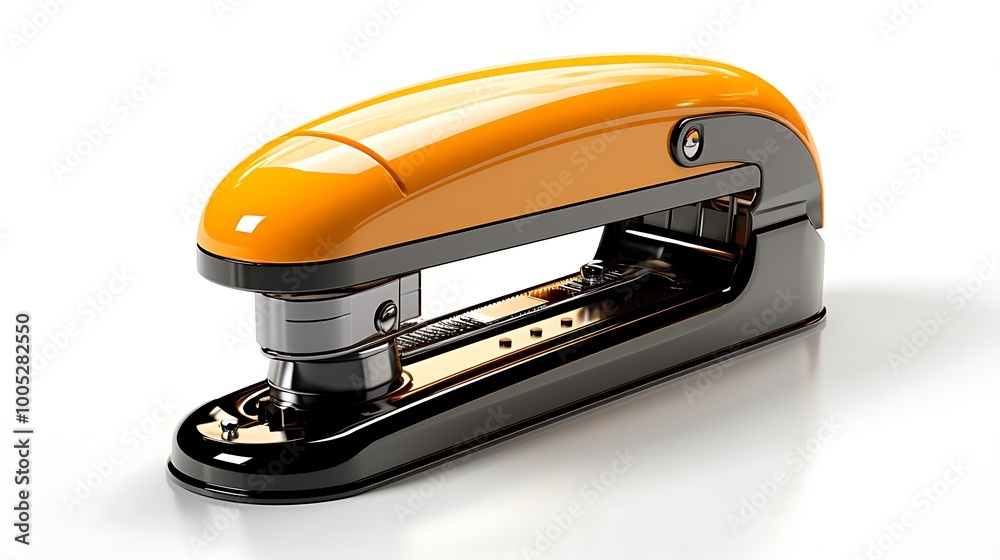 A modern orange stapler designed for office use, showcasing a sleek and functional design. A modern orange stapler designed for office use, showcasing a sleek and functional design.
