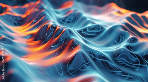 Abstract Blue and Orange Wavy Surface with Glowing Lines