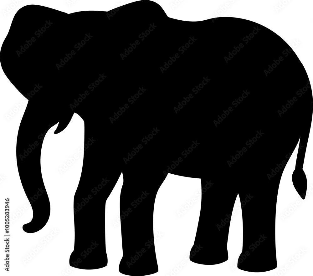 Minimal elephant silhouette, full body, tusks, trunk, facing right, clean lines, isolated Minimal elephant silhouette, full body, tusks, trunk, facing right, clean lines, isolated