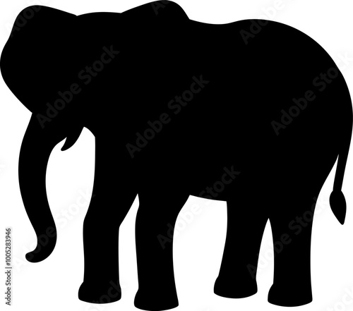 Minimal elephant silhouette, full body, tusks, trunk, facing right, clean lines, isolated