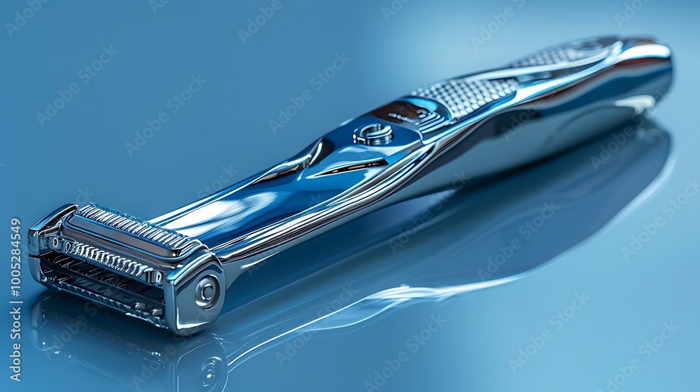 A shiny razor designed for grooming with a sleek handle and multiple blades. A shiny razor designed for grooming with a sleek handle and multiple blades.