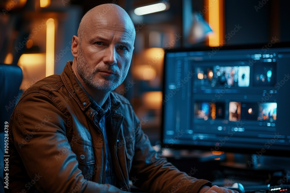 A man in a brown jacket sits in front of a computer screen. A man in a brown jacket sits in front of a computer screen.
