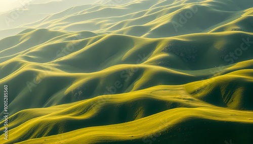 Aerial Shot of Rolling Terraced Hills with Soft Curves, Fading Green Gradients, and Photorealistic Textures