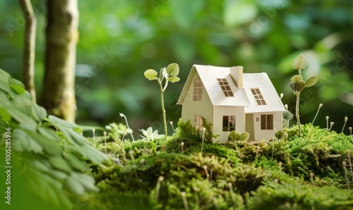 aper house model on moss in a green forest environment