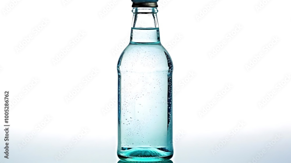A clear glass bottle filled with sparkling water, reflecting light. A clear glass bottle filled with sparkling water, reflecting light.