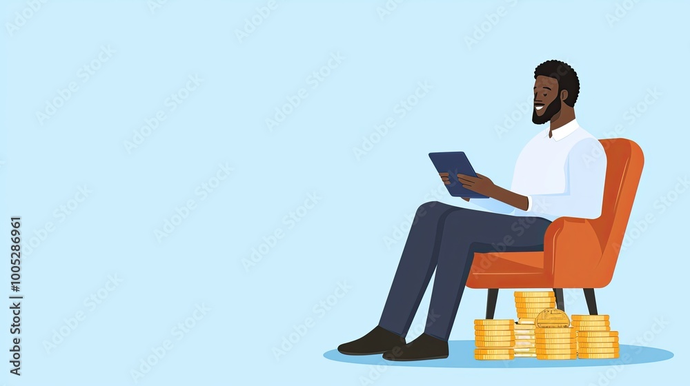 A man sits comfortably in an orange chair, engaging with a tablet, surrounded by stacks of coins, symbolizing financial success and leisure. A man sits comfortably in an orange chair, engaging with a tablet, surrounded by stacks of coins, symbolizing financial success and leisure.