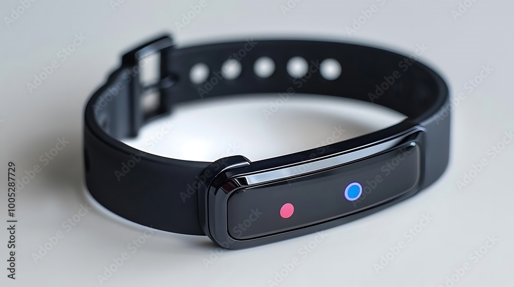 A sleek black fitness tracker with two indicator lights for monitoring health metrics. A sleek black fitness tracker with two indicator lights for monitoring health metrics.