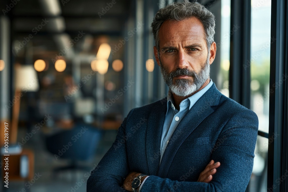 Confident businessman with grey hair and beard standing in an office Confident businessman with grey hair and beard standing in an office
