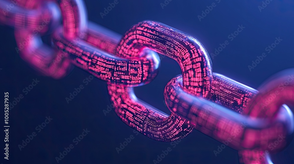 A close-up of a glowing digital chain link, showcasing intricate patterns and a vibrant color scheme, symbolizing connectivity and technology. A close-up of a glowing digital chain link, showcasing intricate patterns and a vibrant color scheme, symbolizing connectivity and technology.