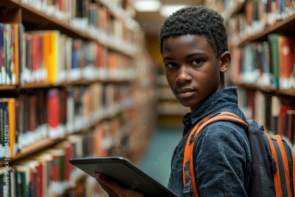 Young Black Man in a Library Holding a Tablet Young Black Man in a Library Holding a Tablet