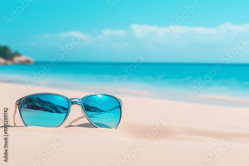 Sunglasses Resting on a Sandy Beach Shoreline