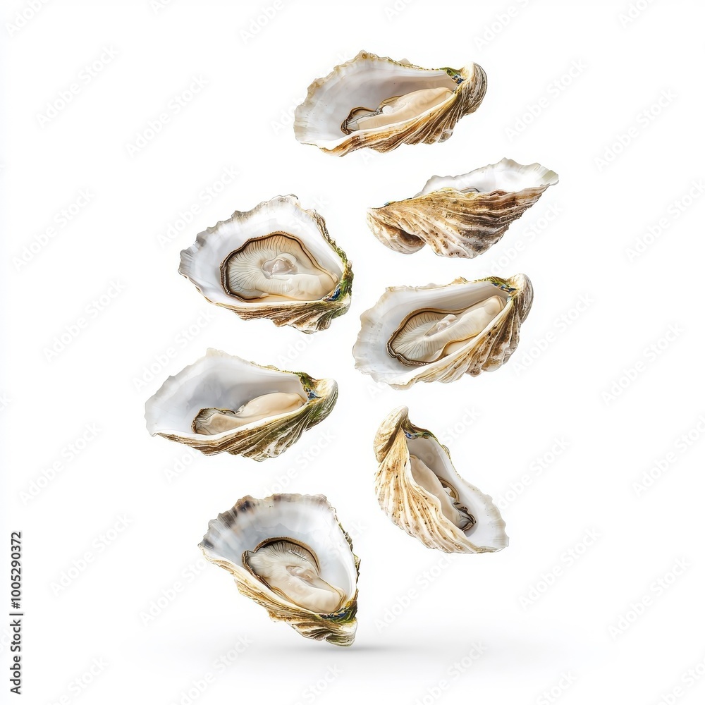 Flying grilled oysters, isolated on a white background, creating a whimsical scene as they soar through the air with excitement. Flying grilled oysters, isolated on a white background, creating a whimsical scene as they soar through the air with excitement.