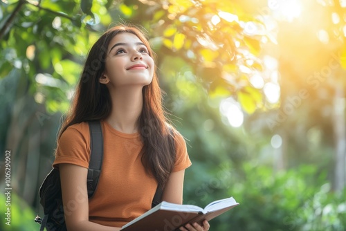 Young Woman Looking Upwards with Open Book in a Forest