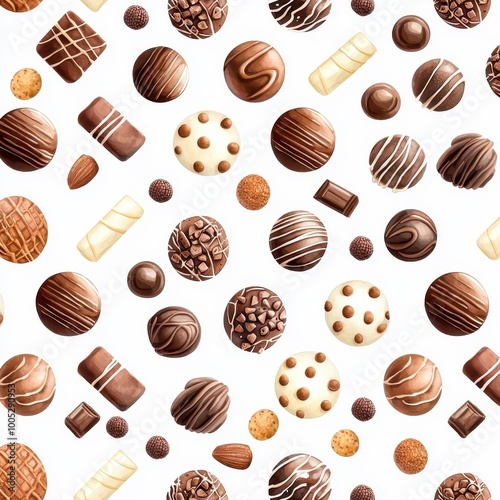 Watercolor seamless pattern featuring chocolate balls, isolated on a white background, displaying artistic designs with rich brown hues.