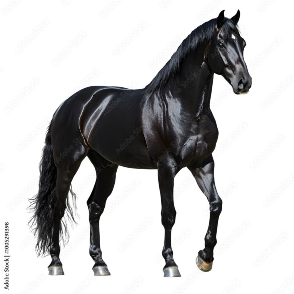 Fototapeta premium Sleek Black Horse with Shiny Mane Standing Alone