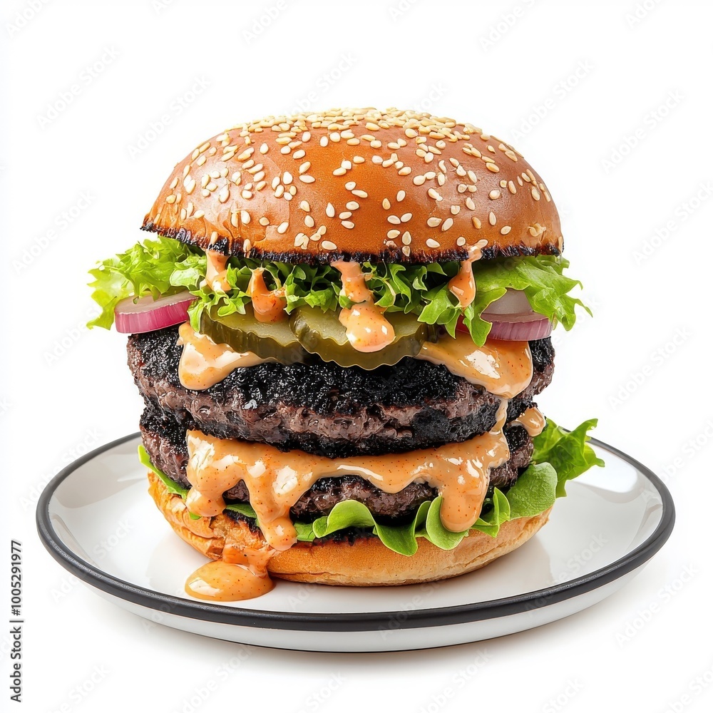 Oozing sauce over a black burger, isolated on a white background, enhancing the visual appeal with a delicious effect. Oozing sauce over a black burger, isolated on a white background, enhancing the visual appeal with a delicious effect.