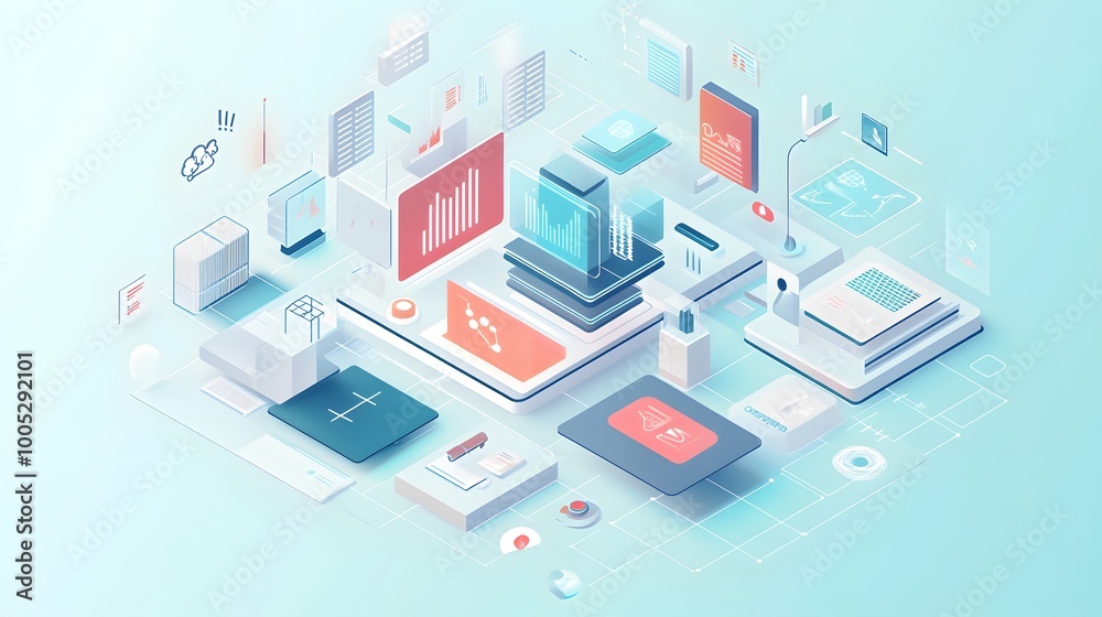 Illustration of a grid system in an isometric projection, demonstrating how visual elements are organized in a flat design infographic Illustration of a grid system in an isometric projection, demonstrating how visual elements are organized in a flat design infographic