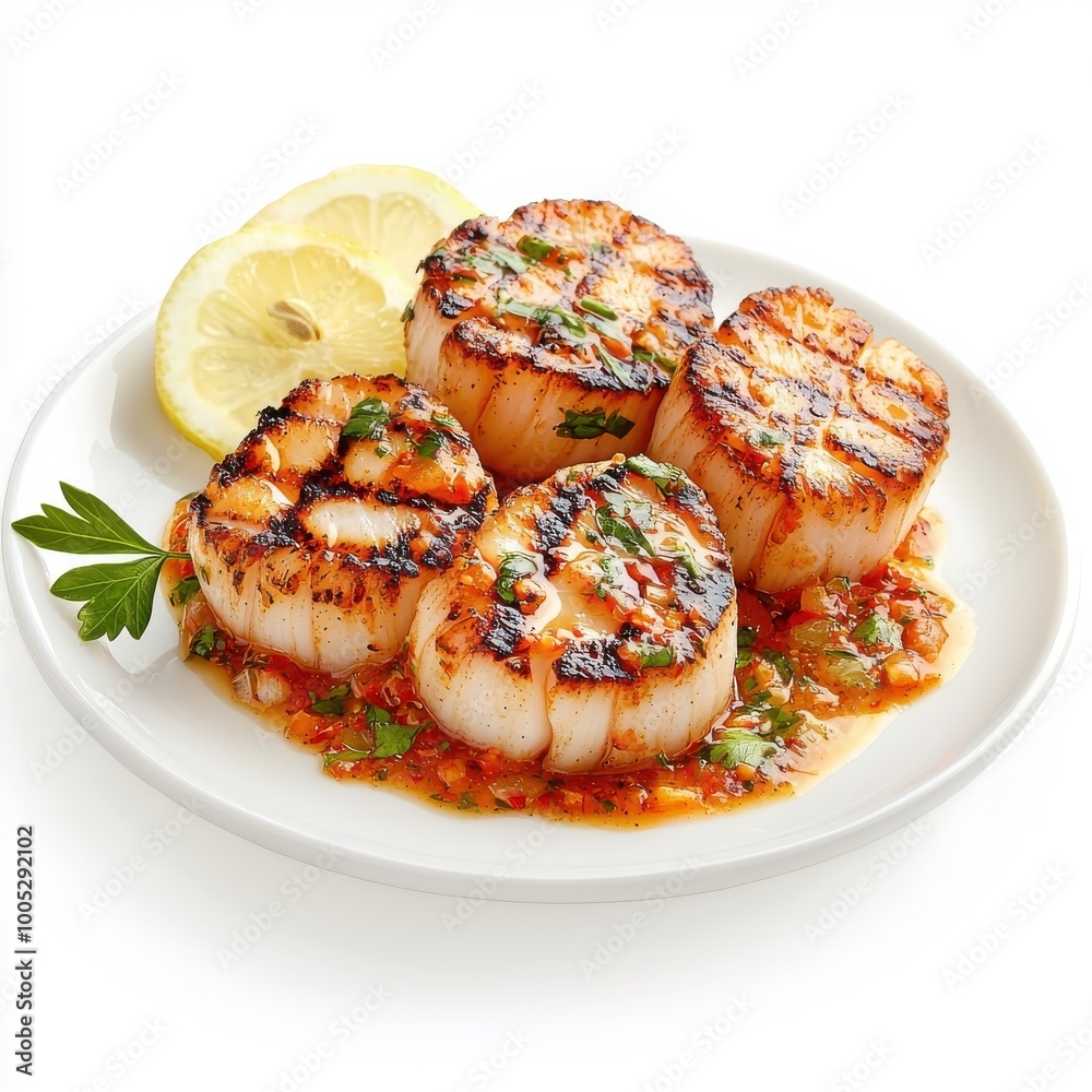 Oozing sauce over grilled scallops, isolated on a white background, enhancing the dish's visual and gastronomic allure. Oozing sauce over grilled scallops, isolated on a white background, enhancing the dish's visual and gastronomic allure.