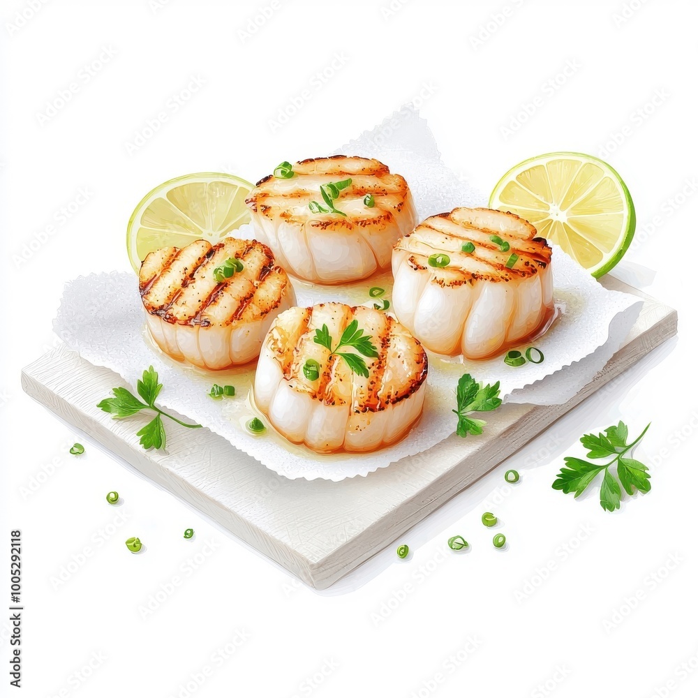 Watercolor-style grilled scallops, isolated on a white background, depicted with soft brush strokes that emphasize their rich texture. Watercolor-style grilled scallops, isolated on a white background, depicted with soft brush strokes that emphasize their rich texture.