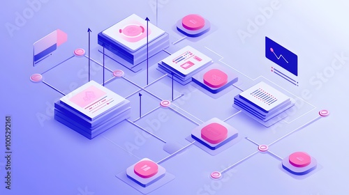 Flat design with a focus on contrast and simplicity, featuring an isometric projection of a step-by-step data flow diagram