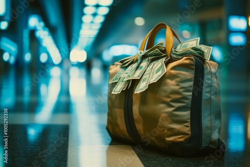 Duffle bag overflowing with cash at airport  perfect for financial thriller book covers and articles