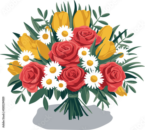 vector illustration of a flower bouquet featuring red roses and tulip 