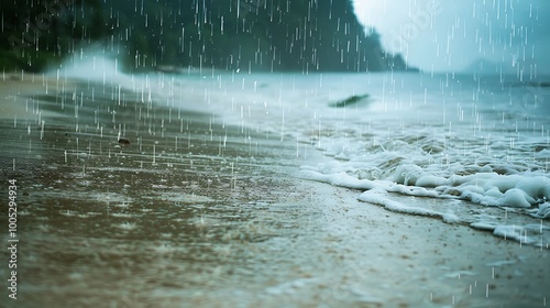 A quiet beach scene with rain falling softly, waves gently lapping at the shore.