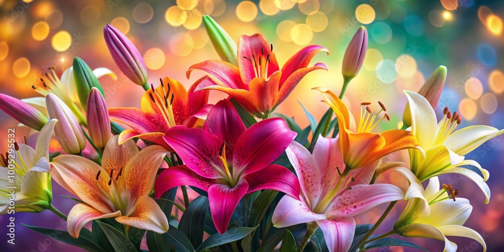 A magnificent display of vibrant lilies creates stunning symmetry, showcasing nature's rich color palette in a A magnificent display of vibrant lilies creates stunning symmetry, showcasing nature's rich color palette in a