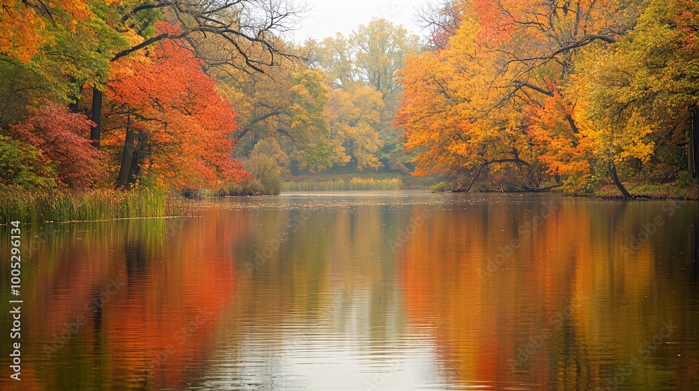 Fototapeta premium Tranquil autumn scene with colorful trees reflected in a still lake.