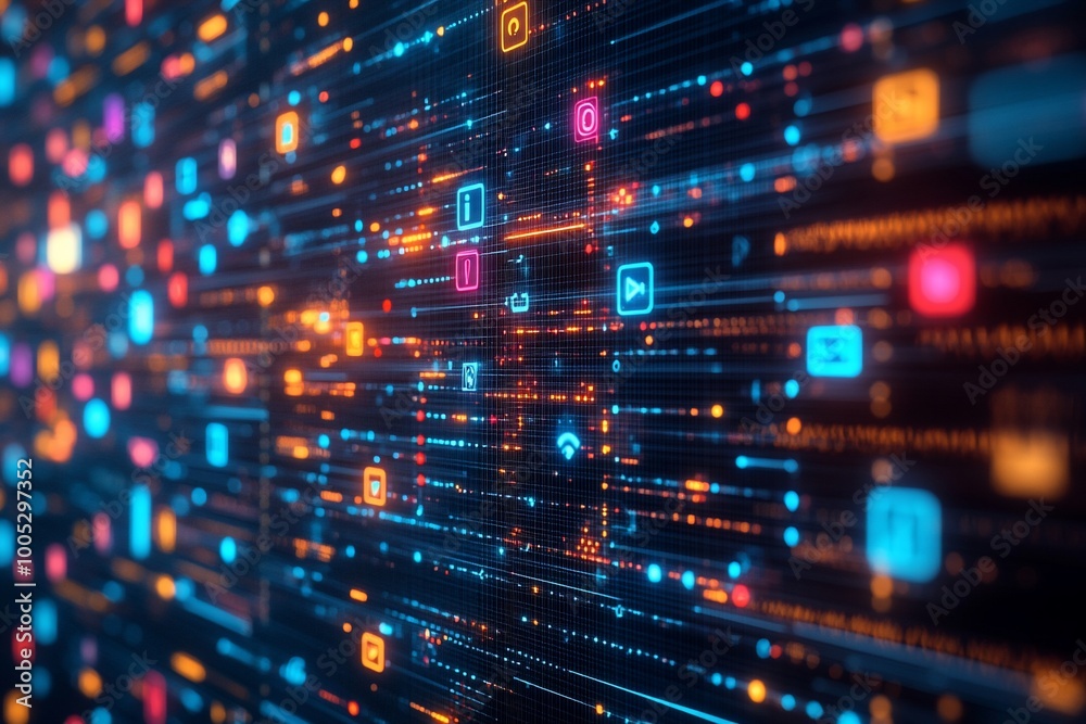 Abstract digital background with glowing lines and social media icons.