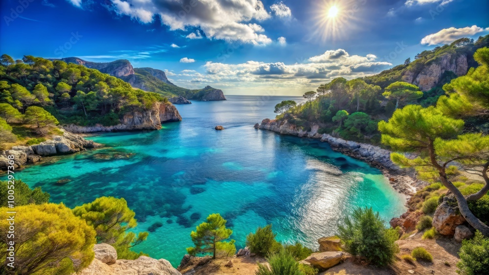 Fototapeta premium An exquisite visualization of Mallorca Island's natural splendor, highlighting the Mediterranean Sea's turquoise